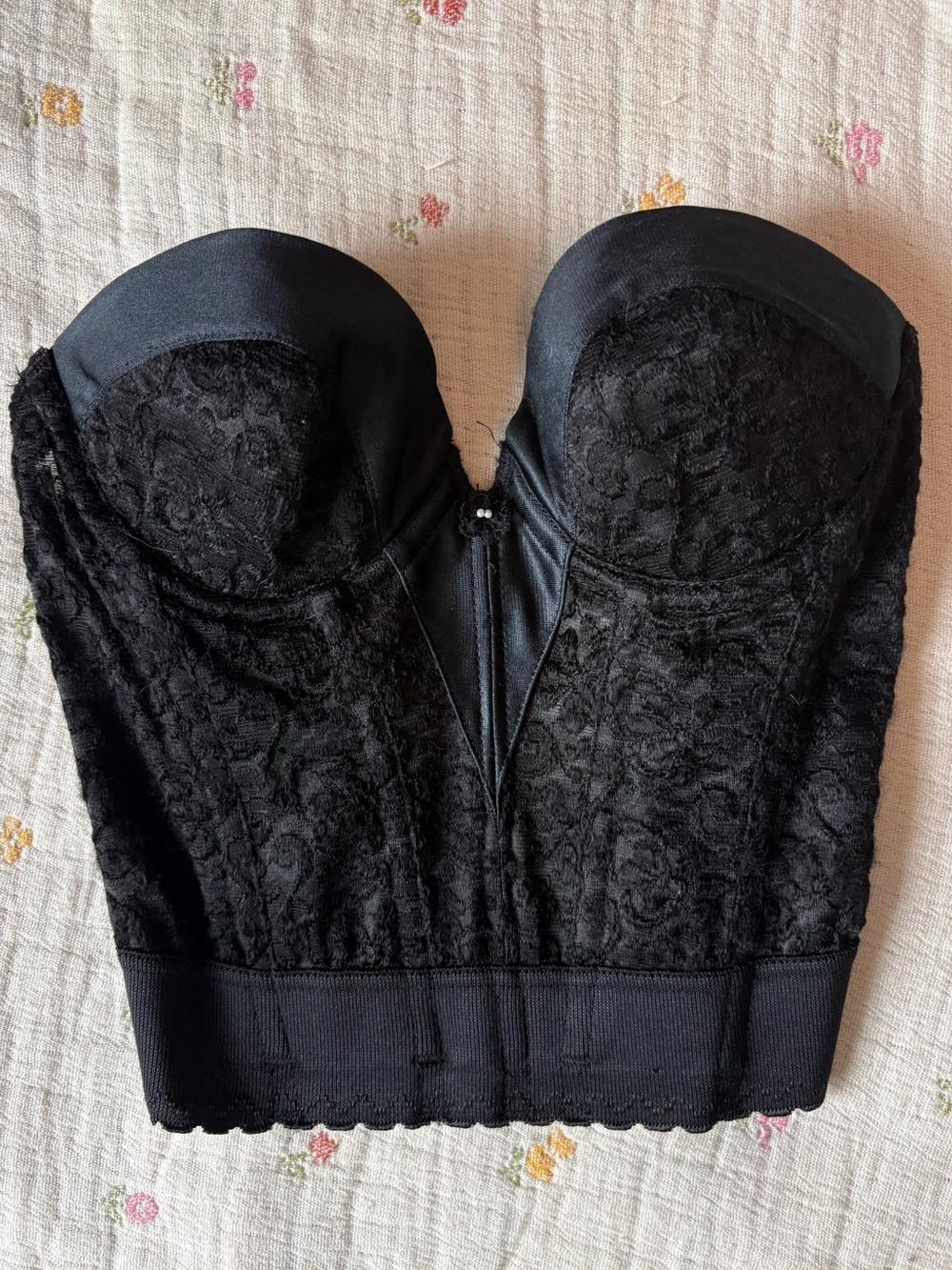 VINTAGE Black Lace Longline Bustier Bra with Beaded Flower